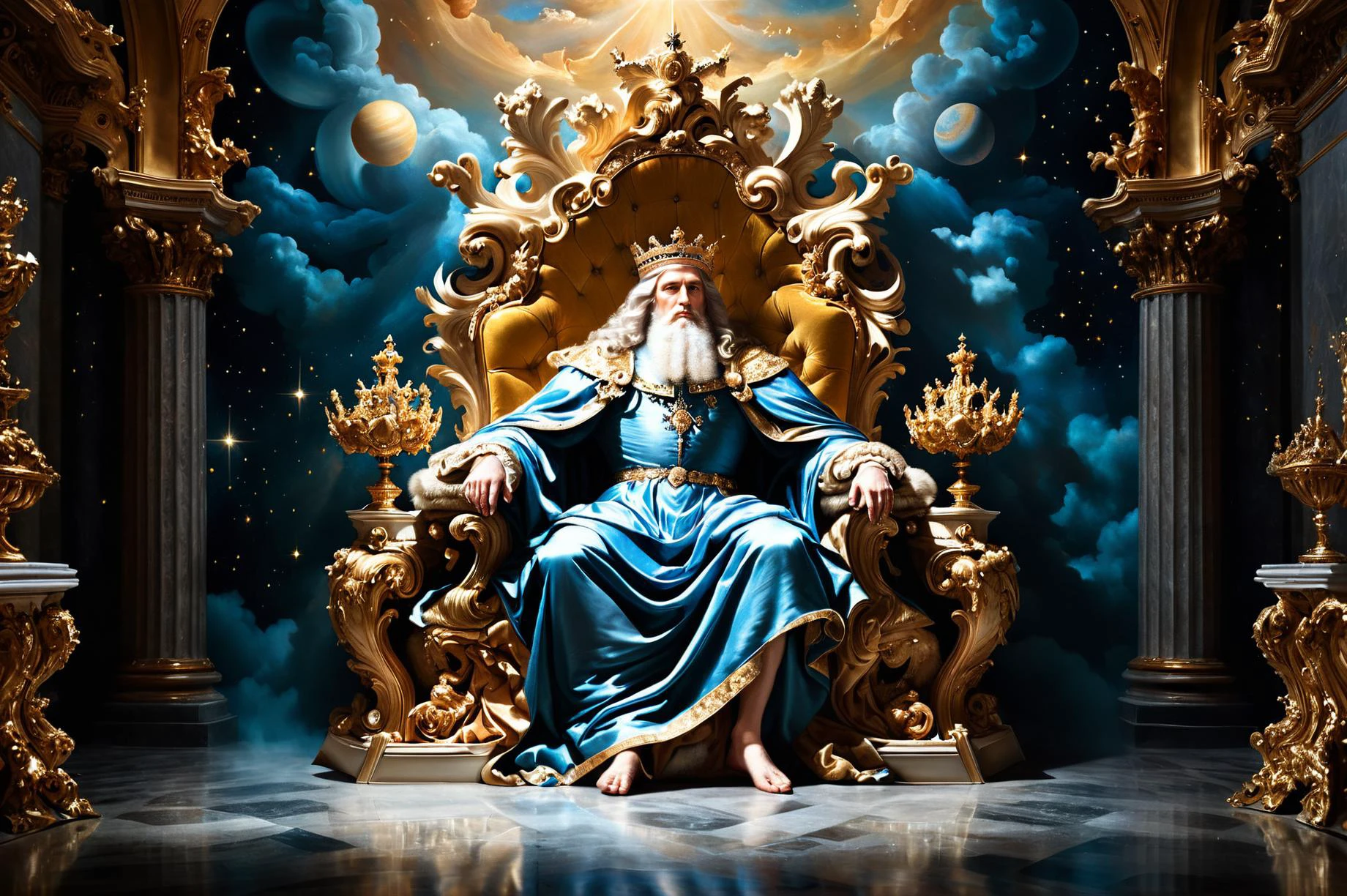 photorealistic digital illustration, superrealism, The god of Sky and Celestial Bodies sitting on his <lora:CulturePunkAI_2:0.7> baroqueAI throne in an opulent throne room, <lora:xl_more_art-full_v1:0.4>, <lora:EnvyBorealXL01:0.7>