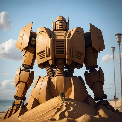 a (sandsculpturecd, sand) armored robot, battle mech, (solo:1.2), standing in sandbeach, <lora:sandsculpturecd-000004:0.7>, no humans, high quality, masterpiece, realistic, photorealistic, long-focus, (outdoors, front light, depth of field, light color)