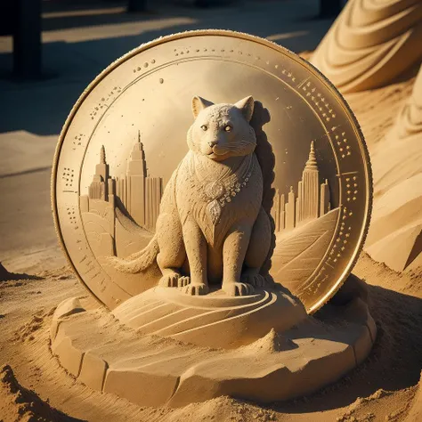 a (sandsculpturecd, sand) (coin:1.3), (solo:1.2), souvenir, full body,<lora:sandsculpturecd-000003:0.7>, no humans, high quality, masterpiece, realistic, photorealistic, long-focus, (outdoors, front light, depth of field, light color)