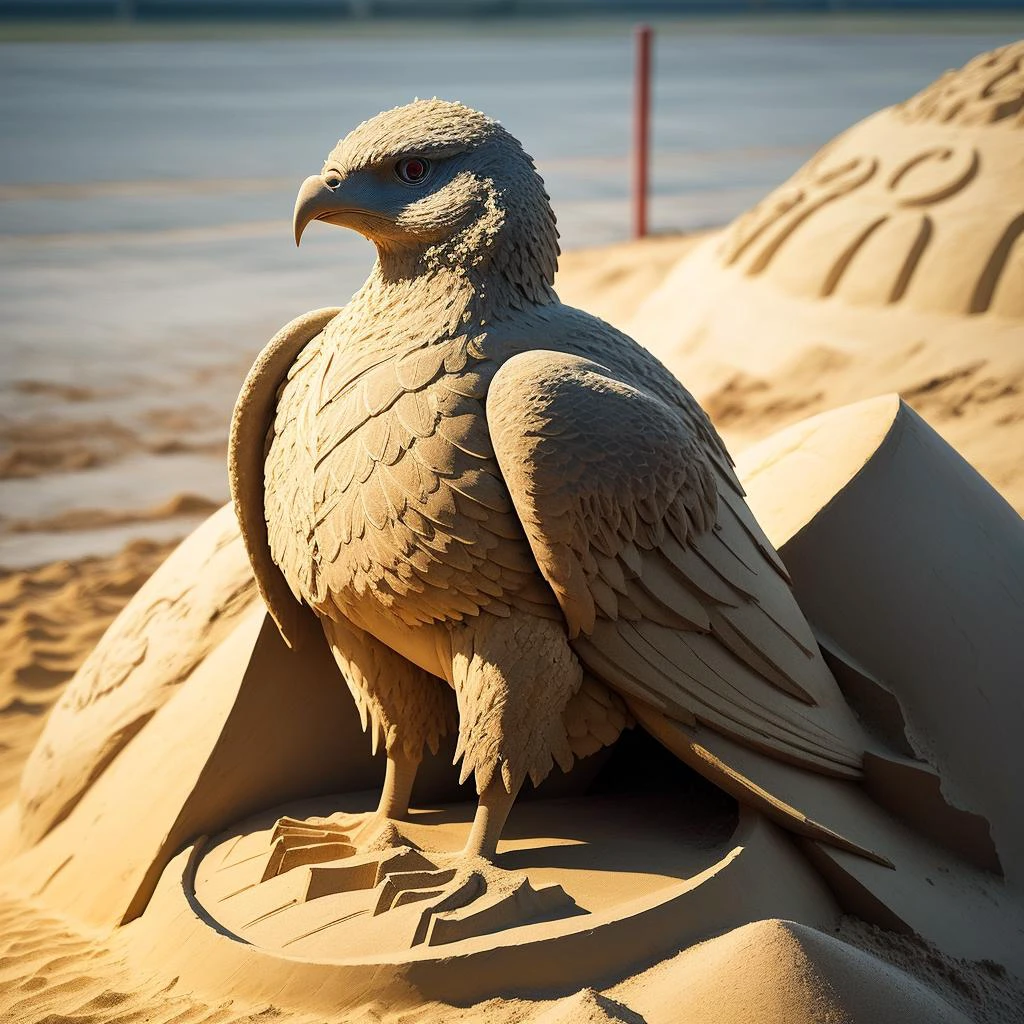 a (sandsculpturecd, sand:1.2) eagle, (solo:1.2), standing in sandbeach, full body,<lora:sandsculpturecd-000003:0.7>, no humans, high quality, masterpiece, realistic, photorealistic, long-focus, (outdoors, front light, depth of field, light color)