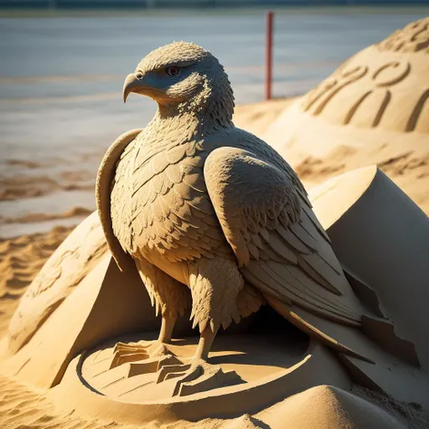 a (sandsculpturecd, sand:1.2) eagle, (solo:1.2), standing in sandbeach, full body,<lora:sandsculpturecd-000003:0.7>, no humans, high quality, masterpiece, realistic, photorealistic, long-focus, (outdoors, front light, depth of field, light color)