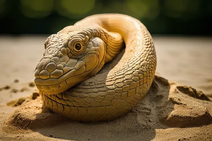 a (sandsculpturecd, sand colored:1.2) snake, (solo:1.2), (High-angle:1.2), tilt-shift, full body,<lora:sandsculpturecd-000004:1>, no humans, high quality, masterpiece, long-focus, (outdoors, front light, depth of field, light color:1.5) bokeh, photography