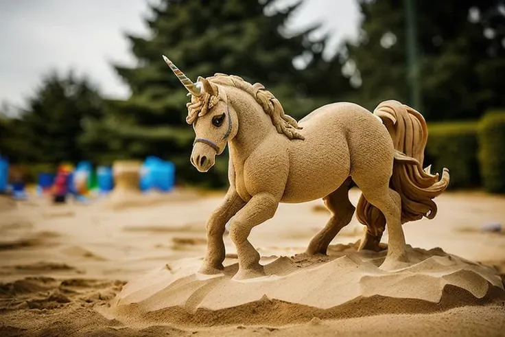 a (sandsculpturecd, sand colored:1.2) unicorn, (solo:1.2), (High-angle:1.2), tilt-shift, full body,<lora:sandsculpturecd-000004:1>, no humans, high quality, masterpiece, long-focus, (outdoors, front light, depth of field, light color:1.5) bokeh, photography