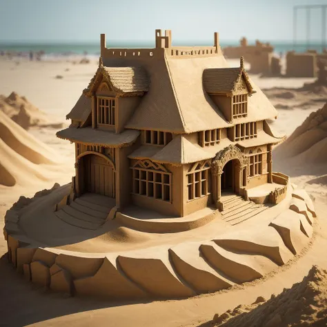 a (sandsculpturecd, sand) villa, building model, (solo:1.2), standing in sandbeach, <lora:sandsculpturecd-000003:0.7>, no humans, high quality, masterpiece, realistic, photorealistic, long-focus, (outdoors, front light, depth of field, light color)