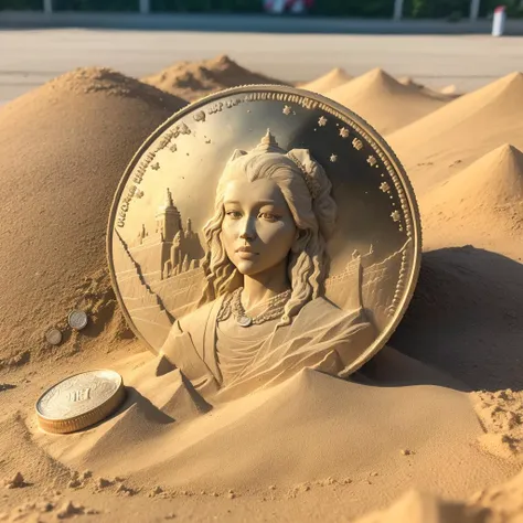 a (sandsculpturecd, sand) (coin:1.3), (solo:1.2), souvenir, full body,<lora:sandsculpturecd-000004:0.5>, no humans, high quality, masterpiece, realistic, photorealistic, long-focus, (outdoors, front light, depth of field, light color)