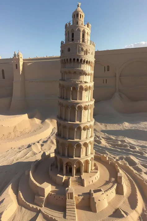 a (sandsculpturecd, sand) fort,Leaning Tower of Pisa,building model,(solo:1.2),standing in sandbeach,<lora:sandsculpturecd-000003:0.7>,no humans,high quality,masterpiece,realistic,photorealistic,long-focus,(outdoors, front light, depth of field, light color),