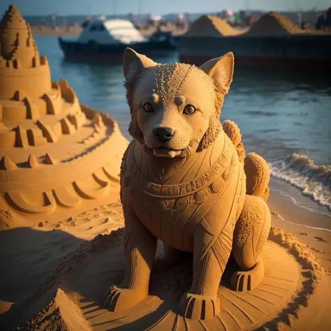 a (sandsculpturecd:1.2, sand:1.3) dog, (solo:1.2), standing in sandbeach, <lora:sandsculpturecd-000004:0.6>, no humans, high quality, masterpiece, realistic, photorealistic, long-focus, (outdoors, front light, depth of field, light color)