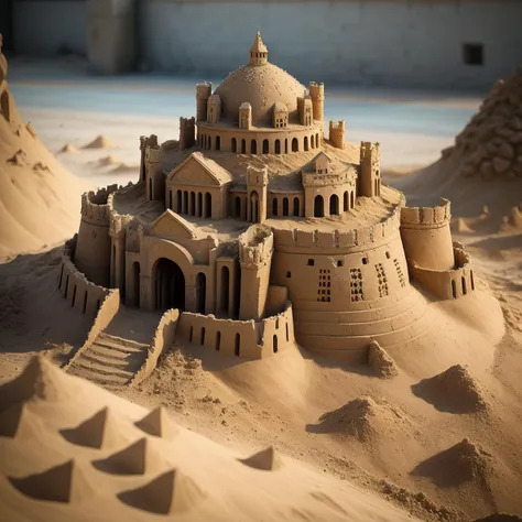 a (sandsculpturecd, sand) fort, building model, (solo:1.2), standing in sandbeach, <lora:sandsculpturecd-000003:0.7>, no humans, high quality, masterpiece, realistic, photorealistic, long-focus, (outdoors, front light, depth of field, light color)