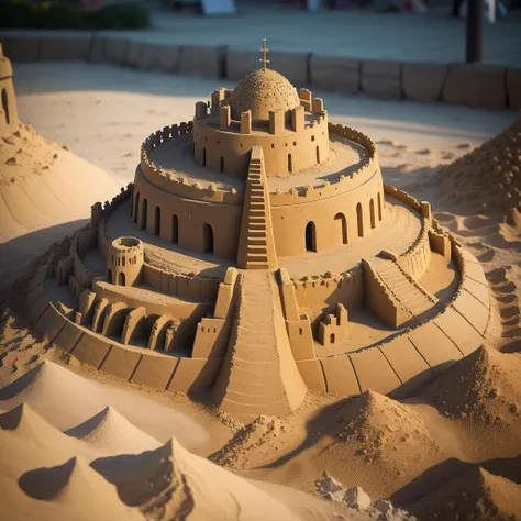 a (sandsculpturecd, sand) fort, building model, (solo:1.2), standing in sandbeach, <lora:sandsculpturecd-000004:0.5>, no humans, high quality, masterpiece, realistic, photorealistic, long-focus, (outdoors, front light, depth of field, light color)