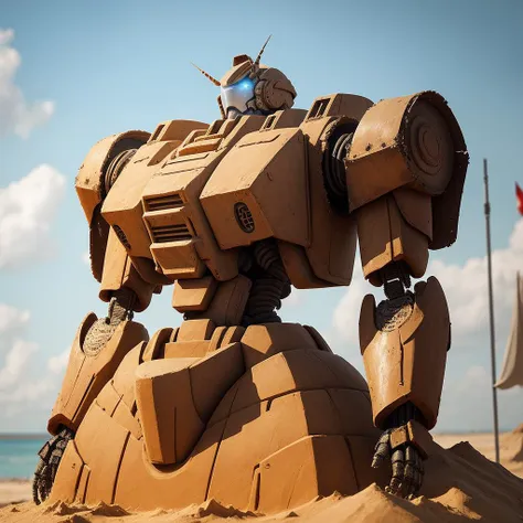 a (sandsculpturecd, sand) armored robot, battle mech, (solo:1.2), standing in sandbeach, <lora:sandsculpturecd-000003:0.7>, no humans, high quality, masterpiece, realistic, photorealistic, long-focus, (outdoors, front light, depth of field, light color)