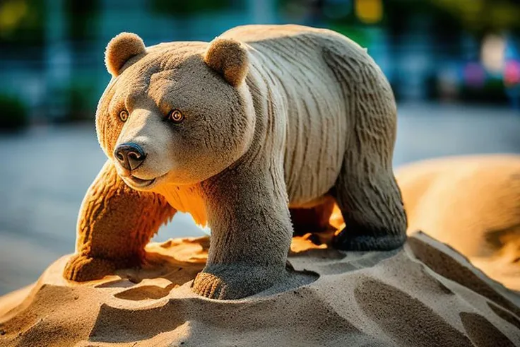 a (sandsculpturecd, sand colored:1.2) bear, (solo:1.2), (High-angle:1.2), tilt-shift, full body,<lora:sandsculpturecd-000004:1>, no humans, high quality, masterpiece, long-focus, (outdoors, front light, depth of field, light color:1.5) bokeh, photography