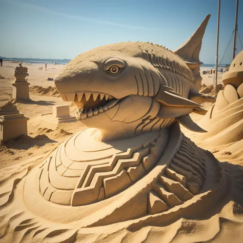 a (sandsculpturecd, sand:1.2) shark, (solo:1.2), in sandbeach, <lora:sandsculpturecd-000004:0.7>, no humans, high quality, masterpiece, realistic, photorealistic, long-focus, (outdoors, front light, depth of field, light color)