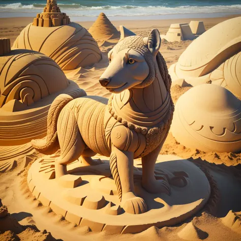 a (sandsculpturecd:1.2, sand:1.3) dog, (solo:1.2), standing in sandbeach, <lora:sandsculpturecd-000003:0.5>, no humans, high quality, masterpiece, realistic, photorealistic, long-focus, (outdoors, front light, depth of field, light color)