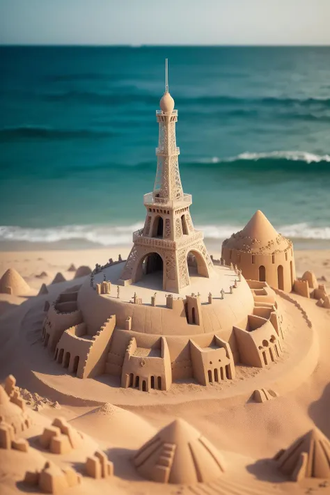 a (sandsculpturecd, sand) fort,building model,The Tokyo Tower,(solo:1.2),standing in sandbeach,<lora:sandsculpturecd-000003:0.7>,no humans,high quality,masterpiece,realistic,photorealistic,long-focus,(outdoors, front light, depth of field, light color),