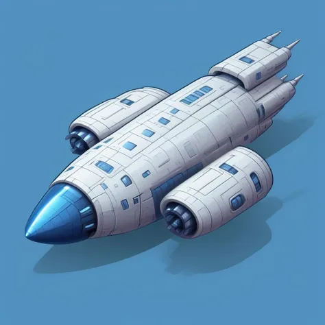 white spaceship, side turbines, blue background, drop shadow <lora:Cute_Isometric_Spaceships_XL:1>