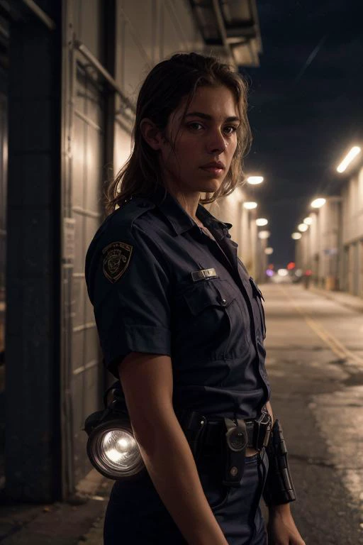 (High detail RAW Photo), photo of a female police officer on patrol, (holding flashlight:1.2), in a industrial zone, (dimming light:1.3), (night:1.5), (masterpiece, extremely detailed skin, photorealistic, heavy shadow, dramatic and cinematic lighting, key light, fill light), sharp focus, film grain, grainy, cinematic, detailed face, detailed skin, warm color, mist, soviet, (freckles:0.7), <lora:add_detail:0.5>, <lora:Better Portrait Lighting:0.5>, <lora:epiCRealismHelper:0.6>, imperfect skin, <lora:UndergroundClub:0.3>, undergroundclub