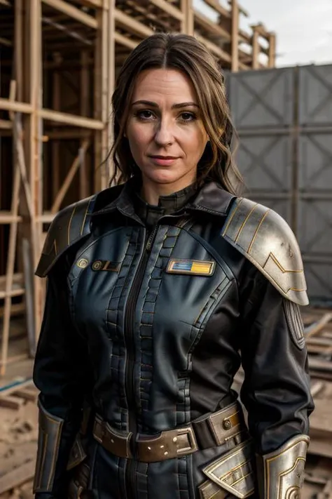 <lora:Suranne_Jones:1> masterpiece, best quality, detailed face, a mature s1873j, 1girl, solo, galactic warrior costume , construction site , day