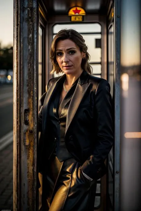 <lora:Suranne_Jones:1> masterpiece, best quality, detailed face, a mature s1873j, 1girl, solo, decade costume , phone booth , dusk