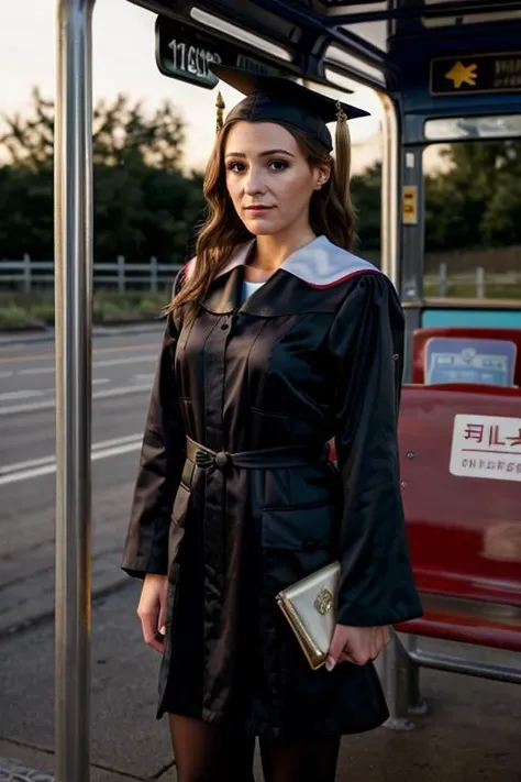<lora:Suranne_Jones:1> masterpiece, best quality, detailed face, a mature s1873j, 1girl, solo, graduation costume , bus stop , dusk