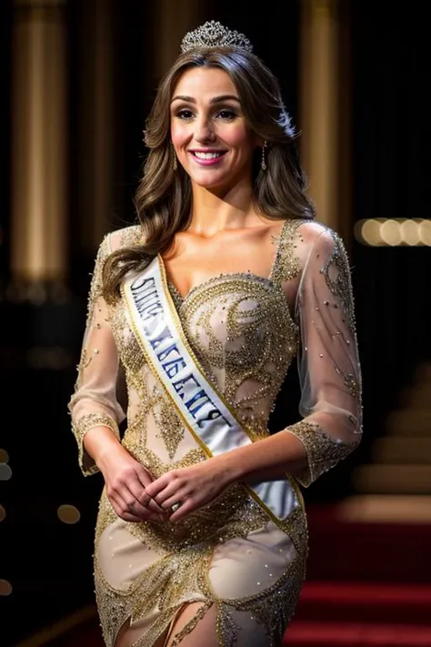 <lora:Suranne_Jones:1> masterpiece, best quality, detailed face, a mature s1873j, 1girl, solo, pageant costume , path , evening