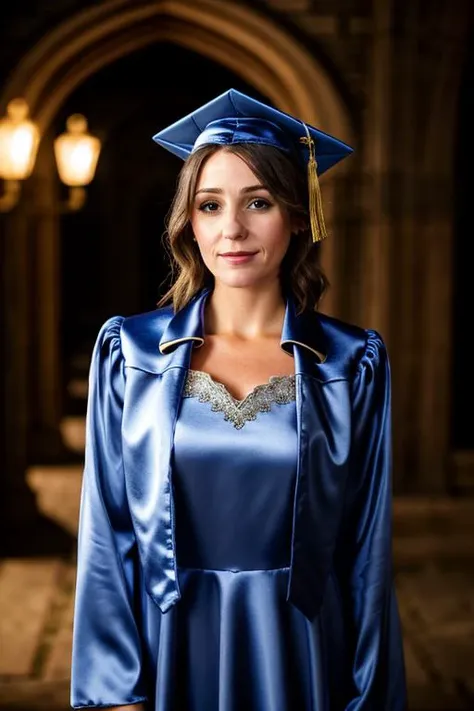 <lora:Suranne_Jones:1> masterpiece, best quality, detailed face, a mature s1873j, 1girl, solo, graduation costume ,  castle , evening