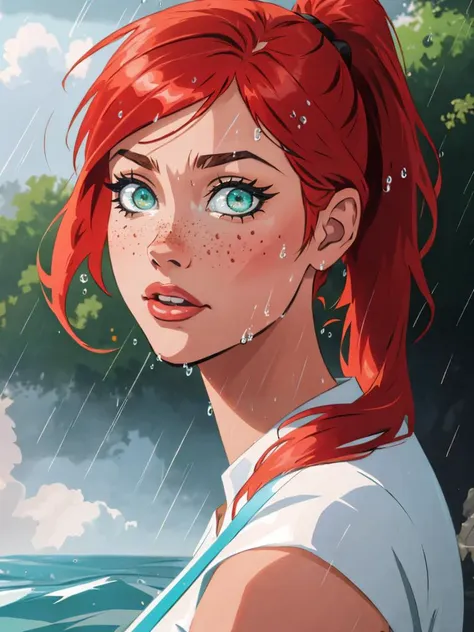 A Portrait of a womans face, water droplets on skin. Wet, Extreme fine detail of skin and water. She is beautiful with red hair and a spray of light freckles, green eyes. reflections visible in water. Hyper realism. Extreme perfection. 8k, realistic. As if she was caught is a sunnden rain storm. Water droplets on eyelashes. Scottish highlands, caught in the rain, bangs, high ponytail,   <lora:hugotendaz:1> hugotendaz