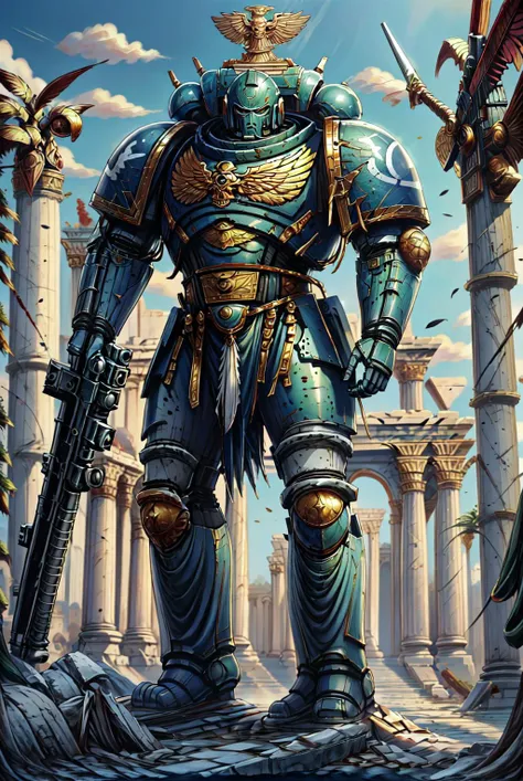 primaris, full body shot, battlefield background, standing, holding heavy_weapon, greekworld, olive_grove, temple_ruins, hoplite,
