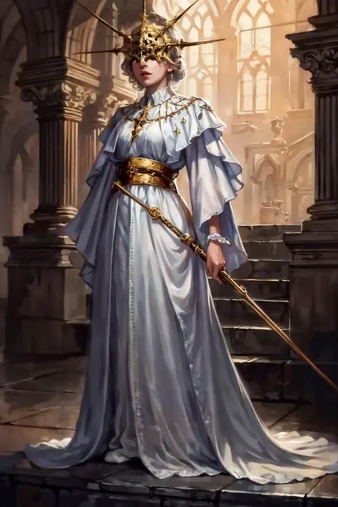 best quality,masterpiece,highres,original,extremely detailed wallpaper,perfect lighting,extremely detailed CG,<lora:add_detail:0.3>,standing,
<lora:Gwyndolin:0.6>,Gwyndolin,covered eyes,