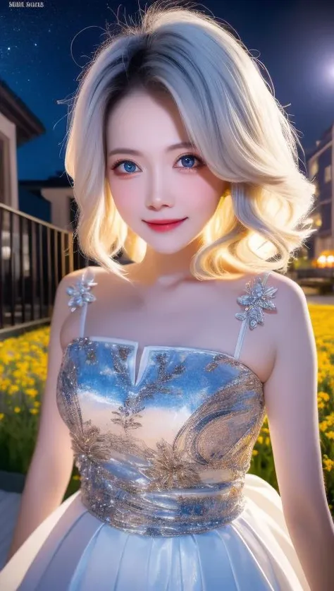 masterpiece, best quality, 1girl, (colorful),(finely detailed beautiful eyes and detailed face),cinematic lighting,bust shot,extremely detailed CG unity 8k wallpaper,white hair,solo,smile,intricate skirt,((flying petal)),(Flowery meadow) sky, cloudy_sky, building, moonlight, moon, night, (dark theme:1.3), light, fantasy