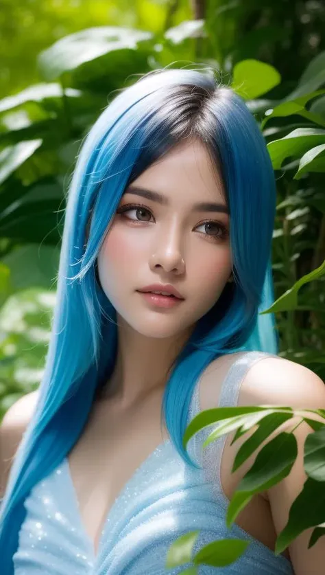 fashion photography portrait of indian girl with blue hair, in lush jungle with flowers, 3d render, cgi, symetrical, octane render, 35mm, bokeh, 9:16, (intricate details:1.12), hdr, (intricate details, hyperdetailed:1.15), (natural skin texture, hyperrealism, soft light, sharp:1.2), detailed, sunlight passing through foliage