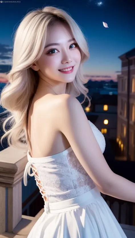 masterpiece, best quality, 1girl, (colorful),(finely detailed beautiful eyes and detailed face),cinematic lighting,bust shot,extremely detailed CG unity 8k wallpaper,white hair,solo,smile,intricate skirt,((flying petal)),(Flowery meadow) sky, cloudy_sky, building, moonlight, moon, night, (dark theme:1.3), light, fantasy