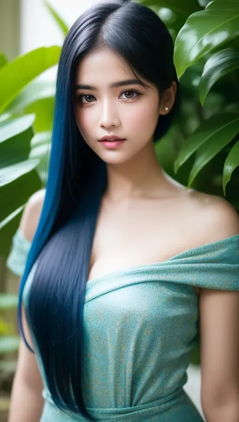 fashion photography portrait of indian girl with blue hair, in lush jungle with flowers, 3d render, cgi, symetrical, octane render, 35mm, bokeh, 9:16, (intricate details:1.12), hdr, (intricate details, hyperdetailed:1.15), (natural skin texture, hyperrealism, soft light, sharp:1.2), detailed, sunlight passing through foliage