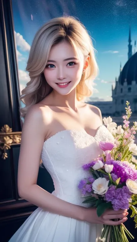 masterpiece, best quality, 1girl, (colorful),(finely detailed beautiful eyes and detailed face),cinematic lighting,bust shot,extremely detailed CG unity 8k wallpaper,white hair,solo,smile,intricate skirt,((flying petal)),(Flowery meadow) sky, cloudy_sky, building, moonlight, moon, night, (dark theme:1.3), light, fantasy