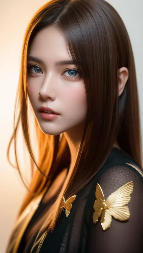 8k portrait of beautiful cyborg with brown hair, intricate, elegant, highly detailed, majestic, digital photography, art by artgerm and ruan jia and greg rutkowski surreal painting gold butterfly filigree, broken glass, (masterpiece, sidelighting, finely detailed beautiful eyes: 1.2), hdr