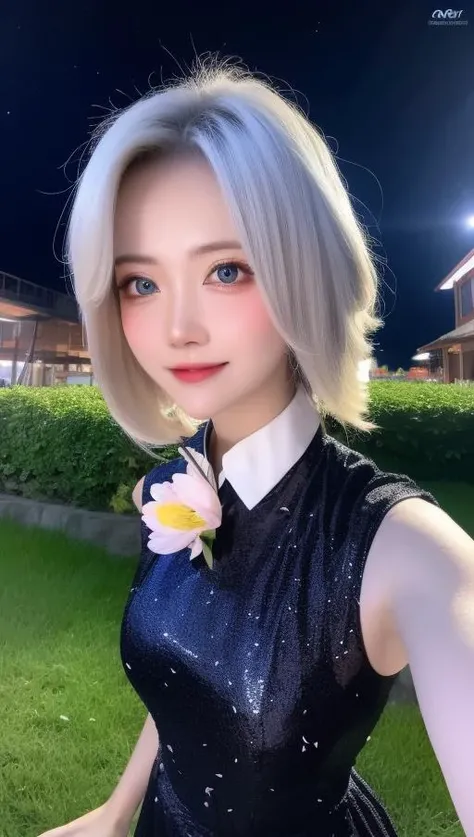masterpiece, best quality, 1girl, (colorful),(finely detailed beautiful eyes and detailed face),cinematic lighting,bust shot,extremely detailed CG unity 8k wallpaper,white hair,solo,smile,intricate skirt,((flying petal)),(Flowery meadow) sky, cloudy_sky, building, moonlight, moon, night, (dark theme:1.3), light, fantasy