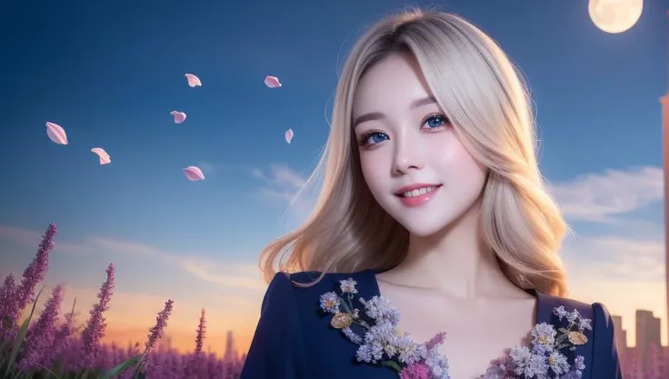 masterpiece, best quality, 1girl, (colorful),(finely detailed beautiful eyes and detailed face),cinematic lighting,bust shot,extremely detailed CG unity 8k wallpaper,white hair,solo,smile,intricate skirt,((flying petal)),(Flowery meadow) sky, cloudy_sky, building, moonlight, moon, night, (dark theme:1.3), light, fantasy