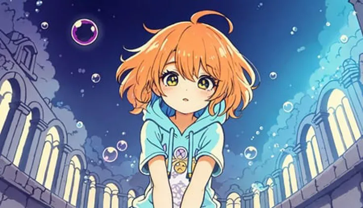 Masterpiece, Best quality, limited palette, pastel color, drawing, yellow orange theme, 1girl, hoodie, many lines in hair, (beautiful detailed eyes), beautiful detailed face, minute details, flipped hair, (colored inner hair:1.1), kawaii, outdoor, (colorful:1.2), multicolored background, (beautiful detailed ruins), beautiful detailed splash, official art, beautiful detailed background, album cover, Soap bubble, floating pose, wispy magic, magic in the air, spell user, [[witch]], hands between legs, from below, super cutesy, intricate features, wral, <lora:cutescrap05v_cutescrap3:0.45>