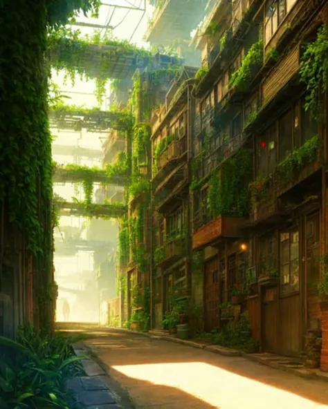 Masterpiece, Best Quality, a humble back alley townscape, futuristic, (solar punk:1.3), warm sunlight, proper lighting, intricate details, lots of greenery, foliage and fauna,