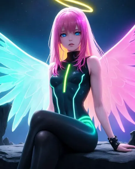 masterpiece, best quality, high_resolution, realistic photo of a cute (), (petite), (toned physique), (fit), (short), (crossed legs:1.2), detailed face and eyes, ((iridescent) multicolored hair:1.3), long flowing hair, colorful, neon, cosmic entity, (neon angel wings), (neon halo:1.1), (sheer neon Tights:1.2), (detailed cliff background:1.2), blue eyes, (large breasts:1.2), (skinny), navel, (solo focus:1.2), god rays, subsurface scattering, chromatic lighting, (Greg Rutkowski:0.6), Eric Taylor, wral, <lora:cutescrap05v_cutescrap3:0.3>