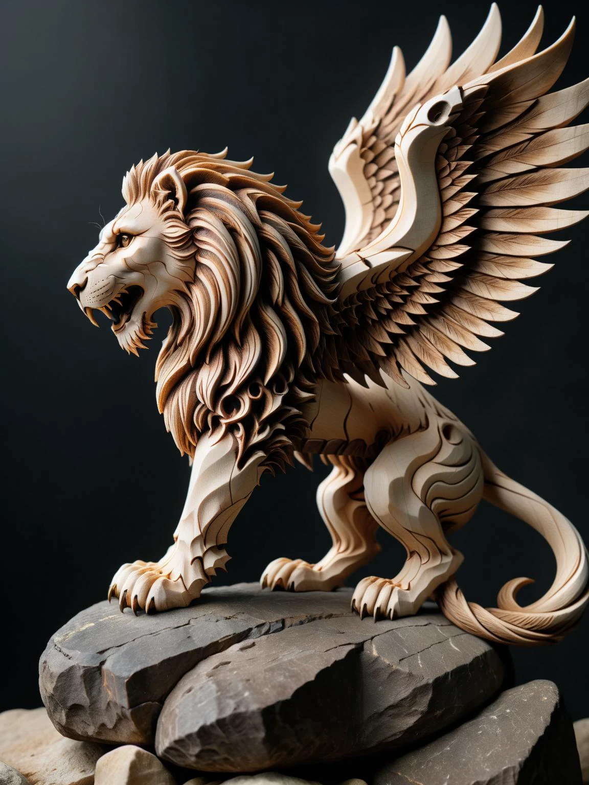woodfigurez, A wooden carved fantasy creature, half-lion, half-eagle, perched atop a carved rocky cliff <lora:woodfigurez-sdxl:1>, dynamic, cinematic, masterpiece, gothic, dark, intricate.<lora:dark_fantasy_art:0.75>
