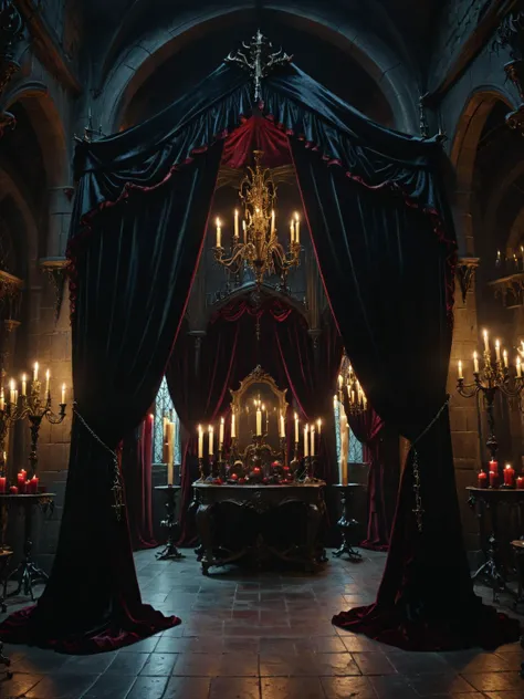 dark fantasy, <lora:JuggerCineXL2:0.8>,<lora:dark_fantasy_art:1>,<lora:xl_more_art-full_v1:0.7>,An opulent yet sinister vampire's lair, with rich, dark velvet drapes, flickering candles, and a sense of lurking danger, cinematic, intricate, ultra detailed, 8k, uhd,