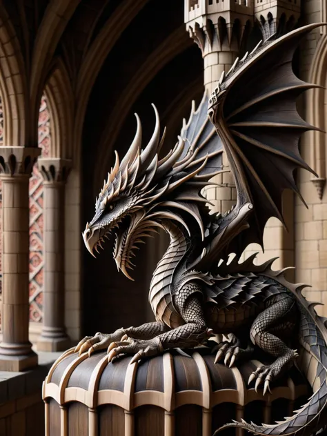 woodfigurez, An intricately carved wooden dragon wrapped around a medieval gothic castle, with detailed scales and wings <lora:woodfigurez-sdxl:1>, dynamic, dark, brooding, sinister, cinematic, masterpiece, intricate, <lora:dark_fantasy_art:0.75>