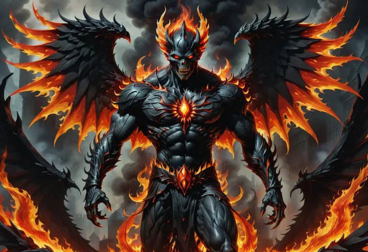 hyper detailed masterpiece, dynamic, awesome quality, amazon, large supernatural being, fiery smoky appearance, humanoid shape, muscular build, emanating flames and smoke from body, flaming eyes and facial features, wings made of fire, coloration from red to black, element of fire, powerful and malevolent, formidable and elemental force <lora:dark_fantasy_art:1> dark fantasy
