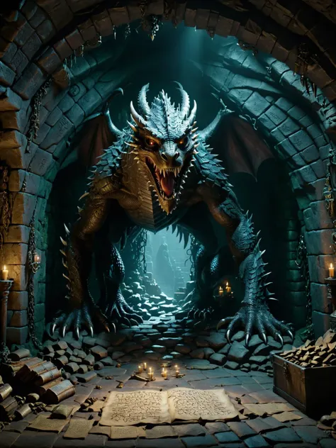 dark fantasy, <lora:JuggerCineXL2:0.8>,<lora:dark_fantasy_art:1>,<lora:xl_more_art-full_v1:0.7>,A dark, cavernous lair of a sleeping dragon, with piles of treasure casting eerie shadows and ancient runes etched into the walls, cinematic, intricate, ultra detailed, 8k, uhd,