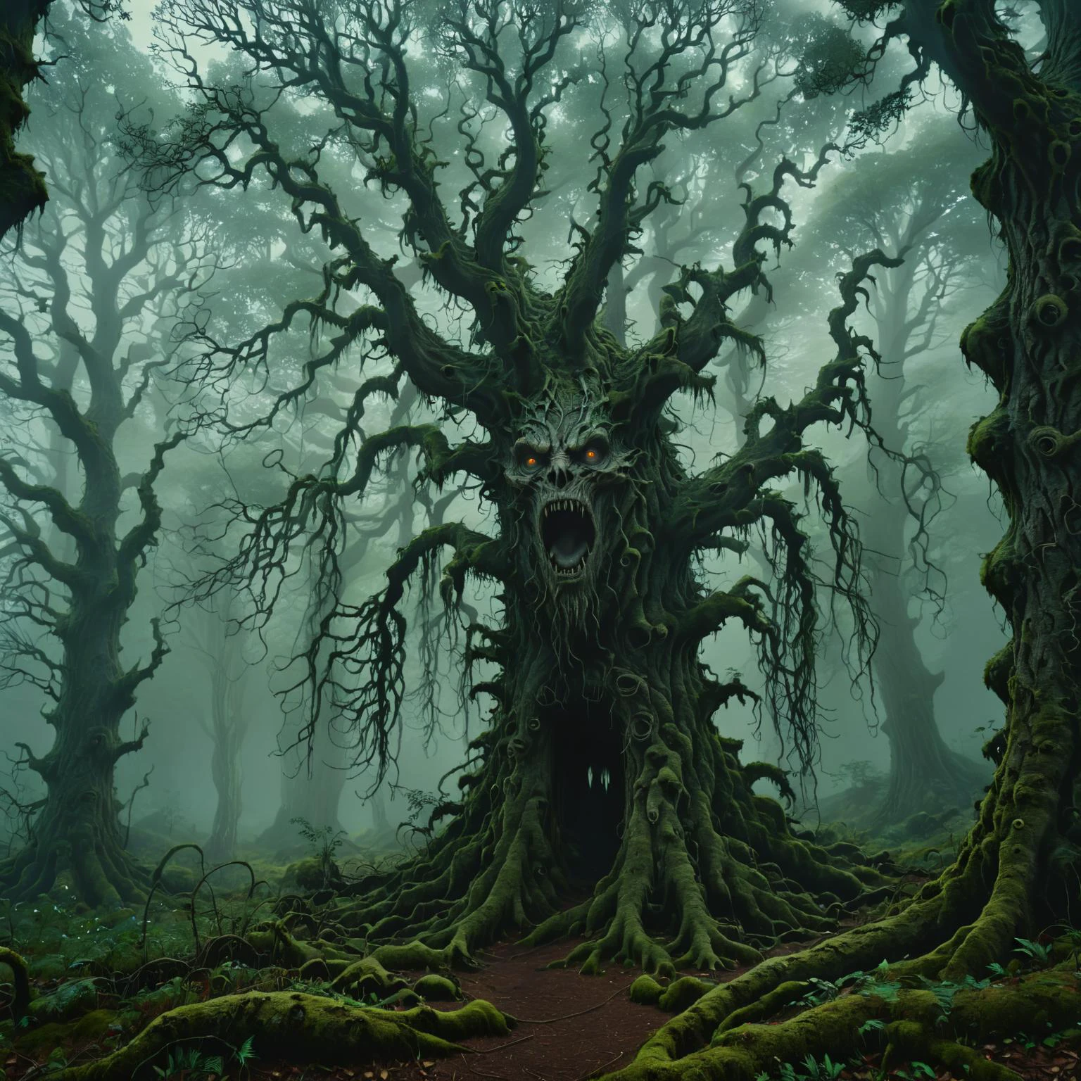 dark fantasy, <lora:JuggerCineXL2:0.8>,<lora:dark_fantasy_art:1>,<lora:xl_more_art-full_v1:0.7>,An eerie, enchanted forest with gnarled trees, mist weaving through the underbrush, and faintly glowing eyes peeking from the shadows, cinematic, intricate, ultra detailed, 8k, uhd,