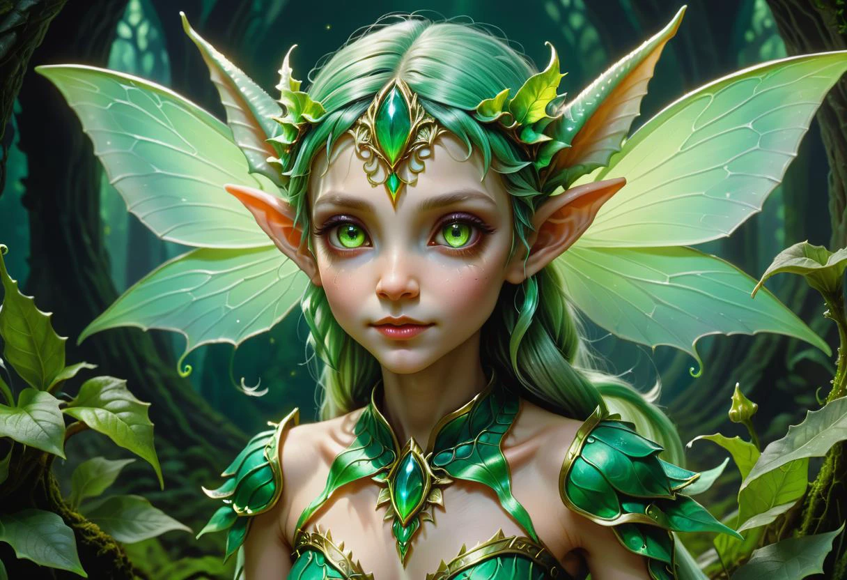 hyper detailed masterpiece, dynamic, awesome quality, gorgon, tiny fairy elf like creature, baby, otherworldly ethereal glow, distinctive captivating eyes, facial features that convey an otherworldly charm, transformation elf like pointed ears, enchanted ethereal clothing, mischievous <lora:dark_fantasy_art:1> dark fantasy