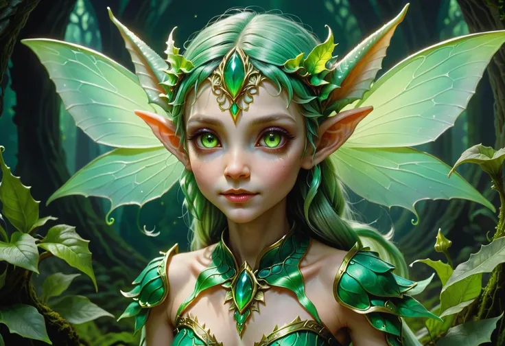 hyper detailed masterpiece, dynamic, awesome quality, gorgon, tiny fairy elf like creature, baby, otherworldly ethereal glow, distinctive captivating eyes, facial features that convey an otherworldly charm, transformation elf like pointed ears, enchanted ethereal clothing, mischievous <lora:dark_fantasy_art:1> dark fantasy