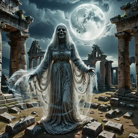 dark fantasy, GhostlyStyle <lora:JuggerCineXL2:0.8>,<lora:dark_fantasy_art:1>,<lora:xl_more_art-full_v1:0.7>,<lora:SDXLGhostStyle:0.6>, Ancient ruins under a full moon, with dark magical energies swirling around, and a translucent ghostly figure lurks in the background, cinematic, intricate, ultra detailed, 8k, uhd,