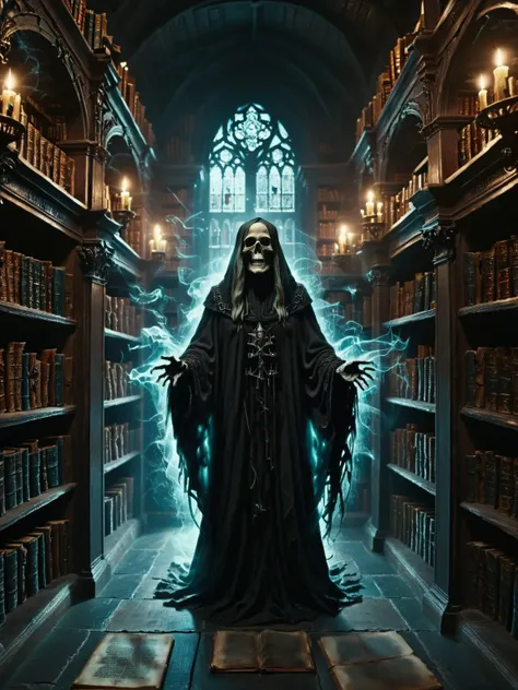 dark fantasy, ghostlystyle,<lora:JuggerCineXL2:0.8>,<lora:dark_fantasy_art:1>,<lora:xl_more_art-full_v1:0.7>, <lora:SDXLGhostStyle:0.6>,A dimly lit library of a necromancer, with shelves of ancient, forbidden tomes, glowing with dark magic, and shadowy figures lurking among the stacks, cinematic, intricate, ultra detailed, 8k, uhd,