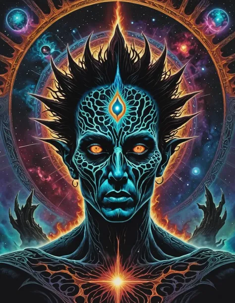 dark fantasy, A cosmic odyssey unfolds in 8K UHD art. Radiant colors and intricate patterns unveil his mystical powers. His blazing third eye channels ancient wisdom. Surreal elements amplify his enigmatic aura. Brace for an epic journey beyond imagination as the alien mageâs magic beckons you into a universe of wonder! ï¸